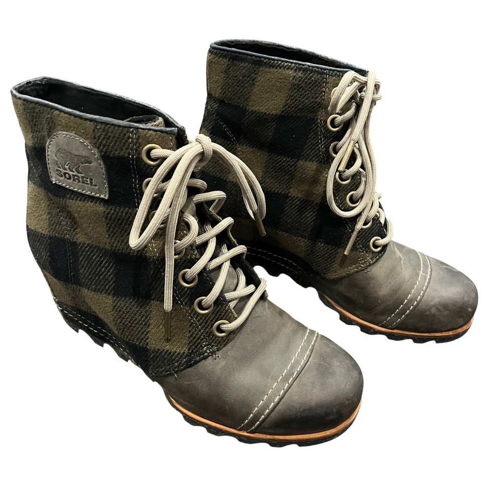 Sorel PDX Wedge Boots Olive Green Black Buffalo Plaid Lace Up Leather Womens 10